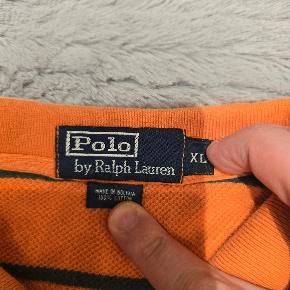 Polo Ralph Lauren Mens‎ XL Orange Navy Blue Striped Cotton Pique Polo Shirt